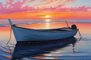 A boat on still water during sunrise or sunset with vibrant orange-pink hues in the sky.