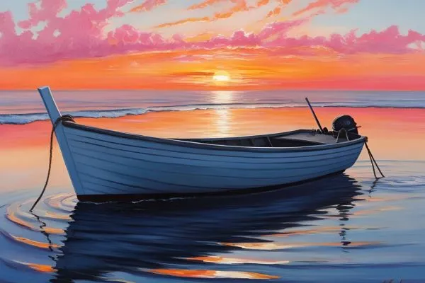 A boat on still water during sunrise or sunset with vibrant orange-pink hues in the sky.