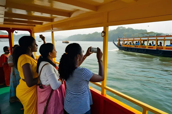 Tourists on a ferry boat, watching the water and clicking photos
