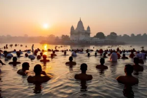 Pilgrims bathing in the water with the sunrise or temple in the background.
