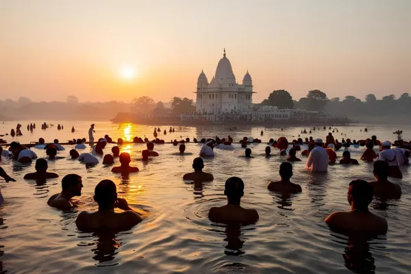 Pilgrims bathing in the water with the sunrise or temple in the background.