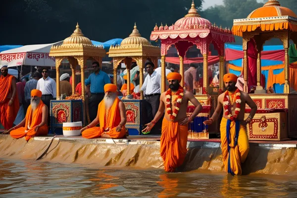 Sadhus, decorated stalls, or traditional dancers during mela time.