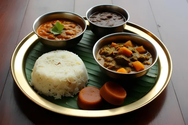 A serving of Bengali thali with rice, dal, sabzi, and sweets.