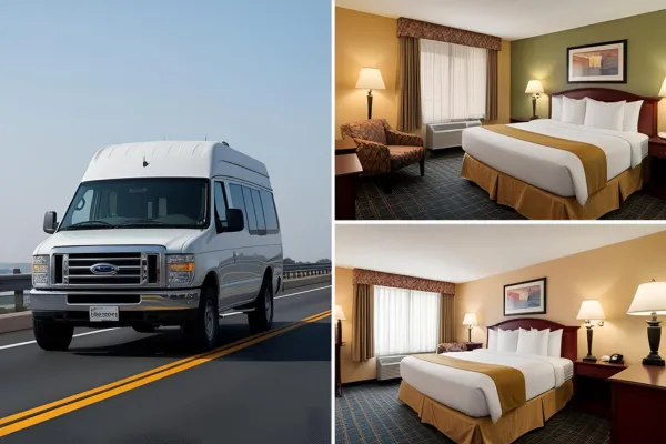 AC vehicle on highway, lodge room with neat bedding, or guests checking in.