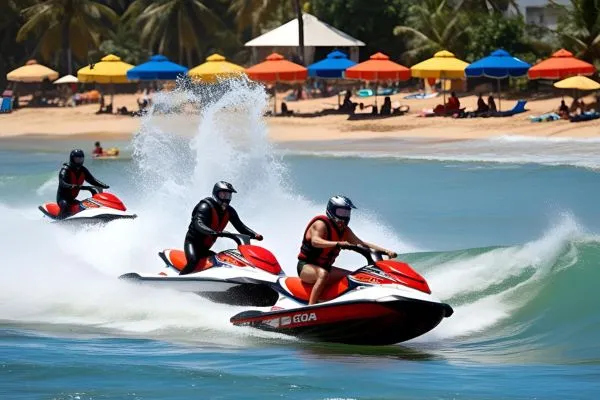 Tourists mid-air while parasailing or jet skiing over waves.