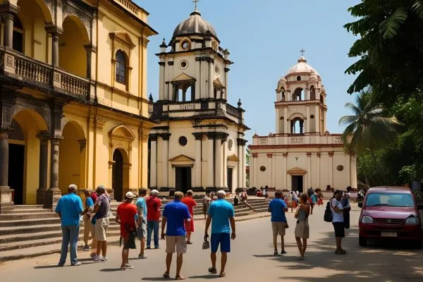 Colonial architecture or tourists in front of old churches.