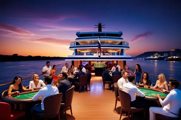 Colorful beach party or casino cruise on Mandovi River.