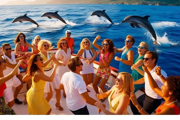 Boat with dancing tourists and dolphins in the distance.