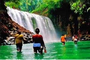 Tourists under waterfalls or walking through a spice trail.
