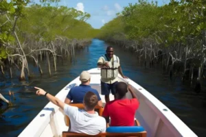 Tourists in a boat with life jackets, cruising between thick mangrove trees with birds flying overhead.