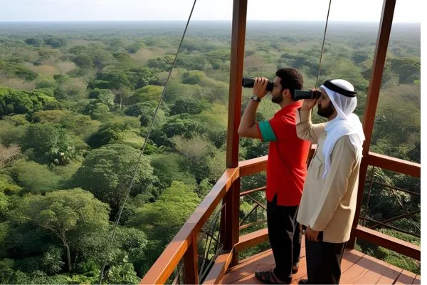 Tourists with binoculars on a watchtower, looking over a dense forest and a river stream.