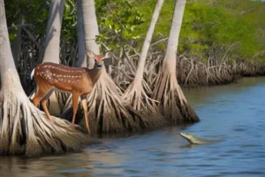 A close-up of a bird in flight, or deer spotted from a boat or tower.